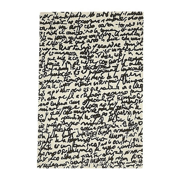 Black handwritten script pattern on a cream background, creating a vintage and artistic look.