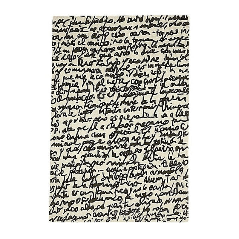 Black handwritten script pattern on a cream background, creating a vintage and artistic look.