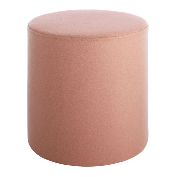 Round pink upholstered stool with a smooth texture, perfect for modern decor.