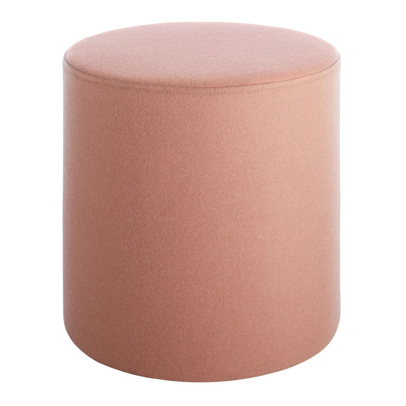 Round pink upholstered stool with a smooth texture, perfect for modern decor.