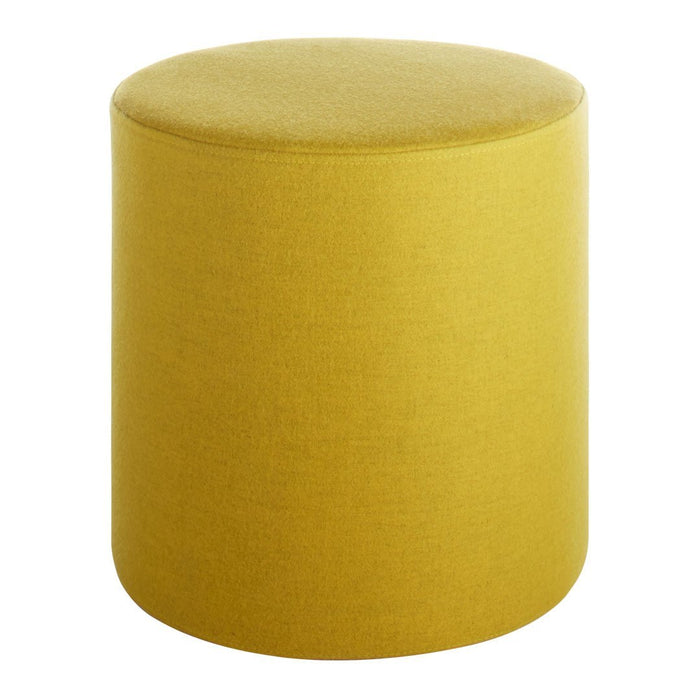 Bright yellow round ottoman with a textured fabric finish, perfect for adding color to any space.