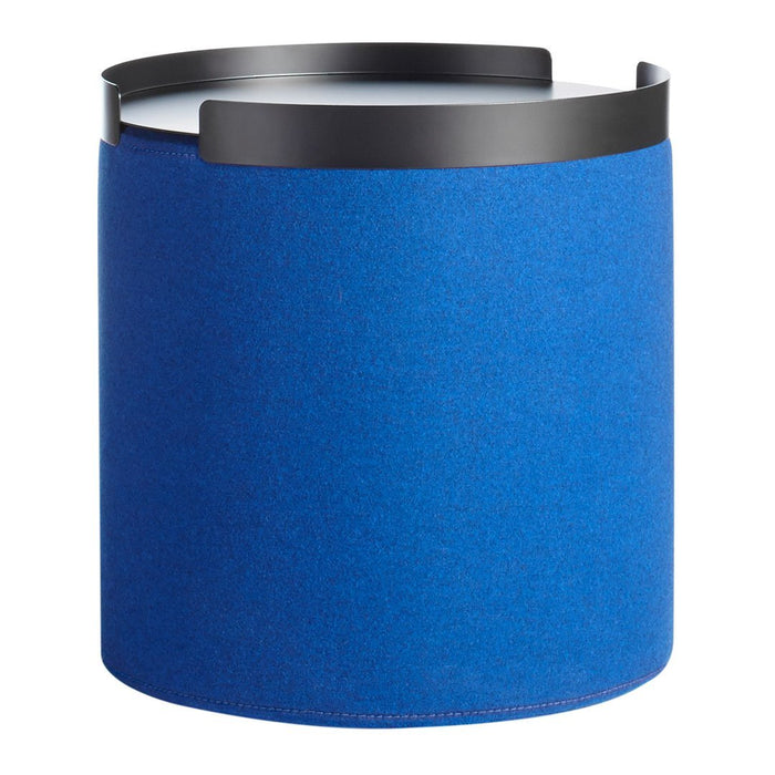 Round storage cylinder in vibrant blue with a sleek black top trim. Ideal for modern decor.