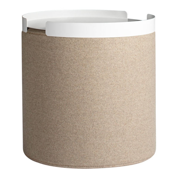 Round beige fabric storage bin with a smooth white rim, showcasing a minimalist and modern design.