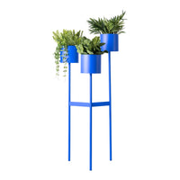 Bright blue plant stand with three round pots, showcasing lush green plants and a modern geometric design.