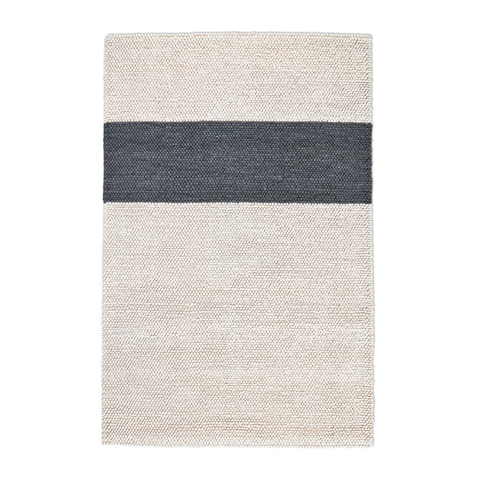 Beige and dark gray striped area rug with a soft texture and a minimalist design. Ideal for modern interiors.