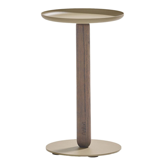 "Modern side table in muted beige with a wooden brown base, featuring a sleek, minimalist design."