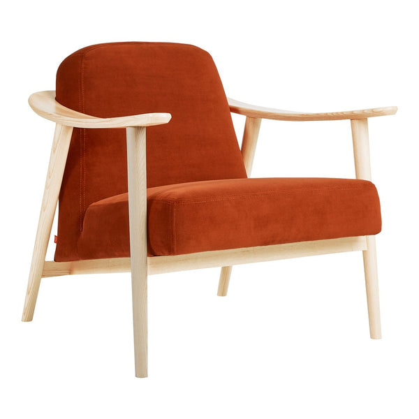 Mid-century modern armchair in rich burnt orange fabric with light wooden frame, featuring smooth, clean lines.