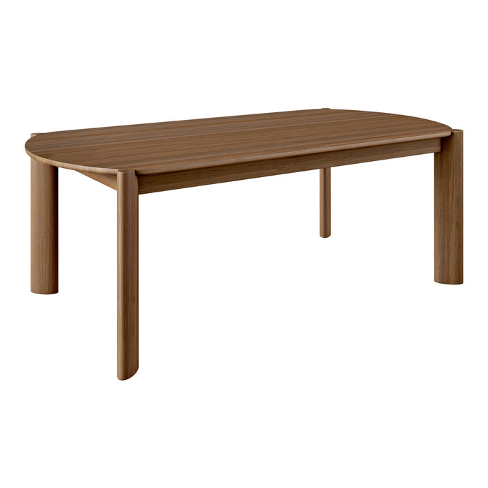 Brown rectangular outdoor dining table with a smooth, slatted surface and rounded edges. Ideal for patio decor.