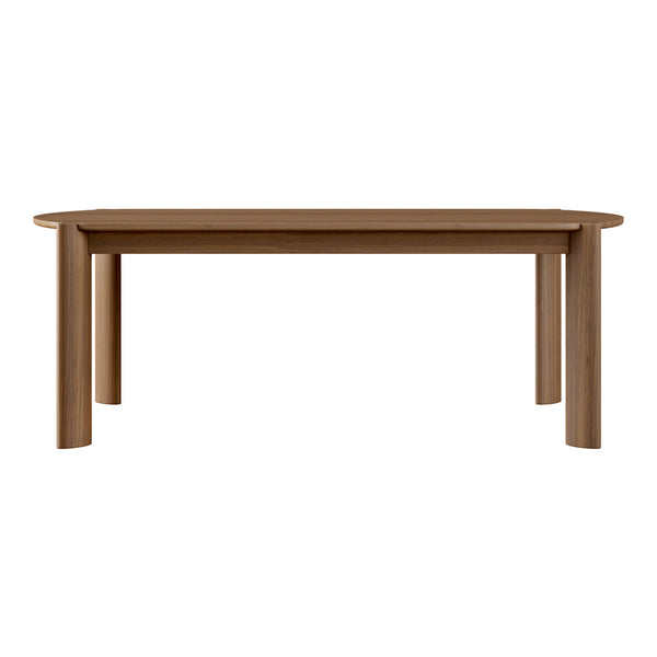 Brown wooden dining table with a smooth finish and rounded edges, ideal for modern interiors.