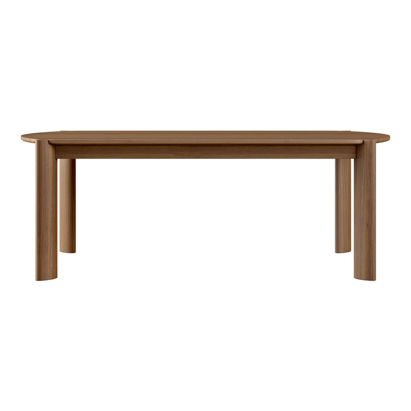 Brown wooden dining table with a smooth finish and rounded edges, ideal for modern interiors.