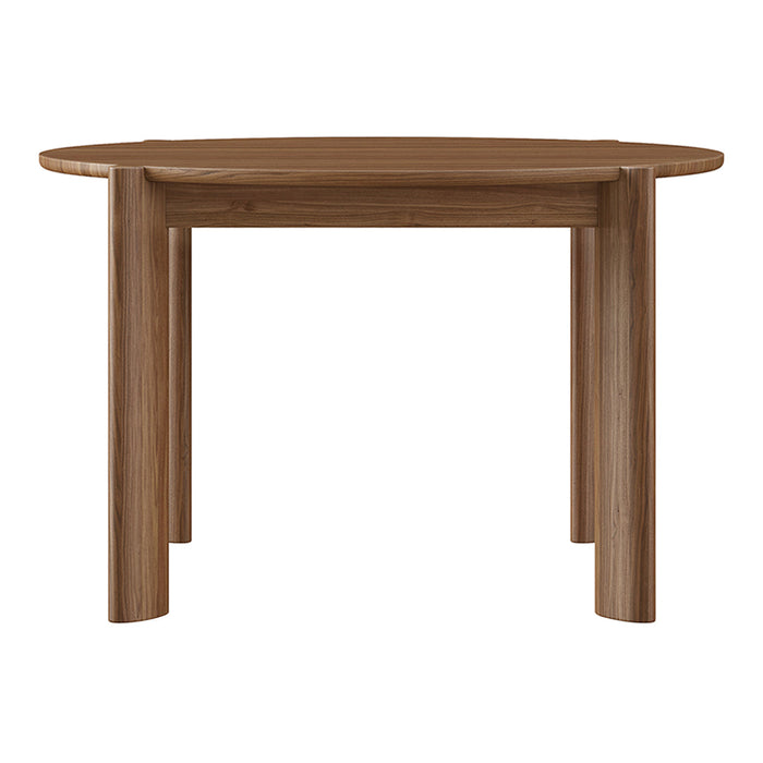 Round wooden table in rich walnut finish, showcasing smooth texture and minimalist design. Perfect for any dining space.