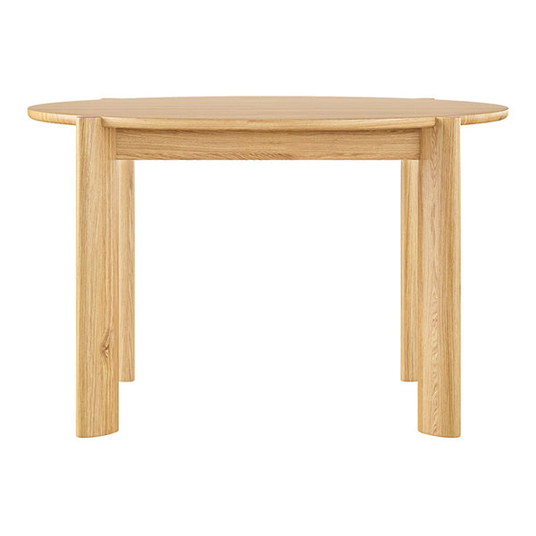 Natural light wood round table with smooth, minimalist design and beige tones, perfect for modern dining spaces.