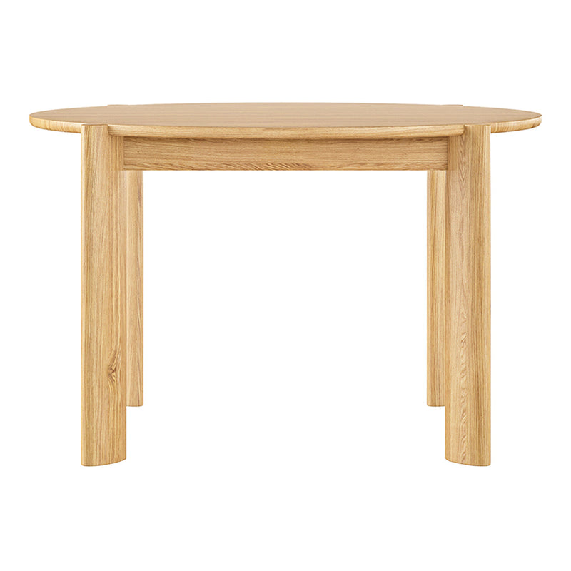 Natural light wood round table with smooth, minimalist design and beige tones, perfect for modern dining spaces.