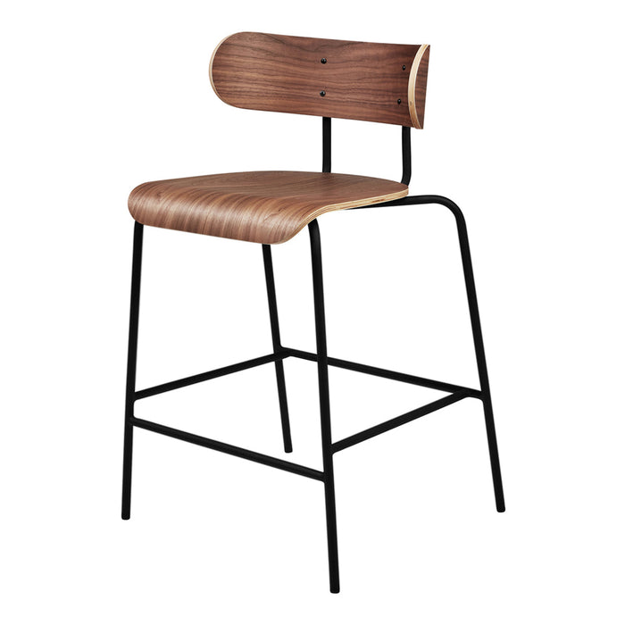 Wooden bar stool with a sleek walnut finish and a minimalist black metal frame. Ideal for modern decor.