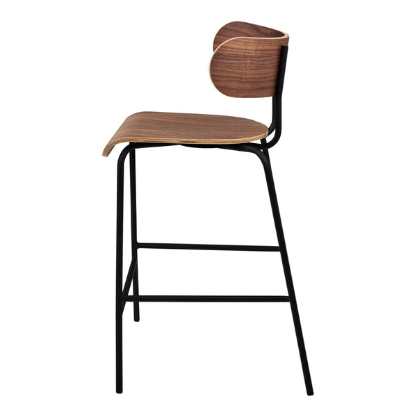 Modern black metal bar stool with a smooth walnut wood seat and backrest, featuring sleek minimalist design.