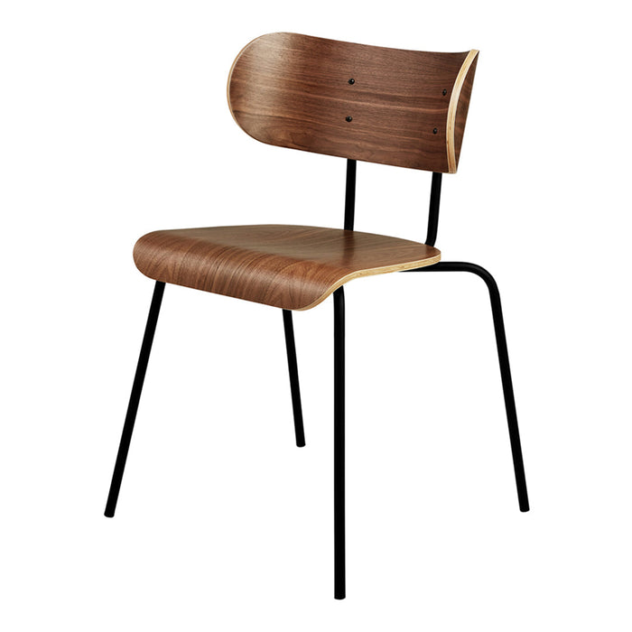 Modern wooden chair with a sleek walnut finish and black metal legs, featuring smooth, curved lines.