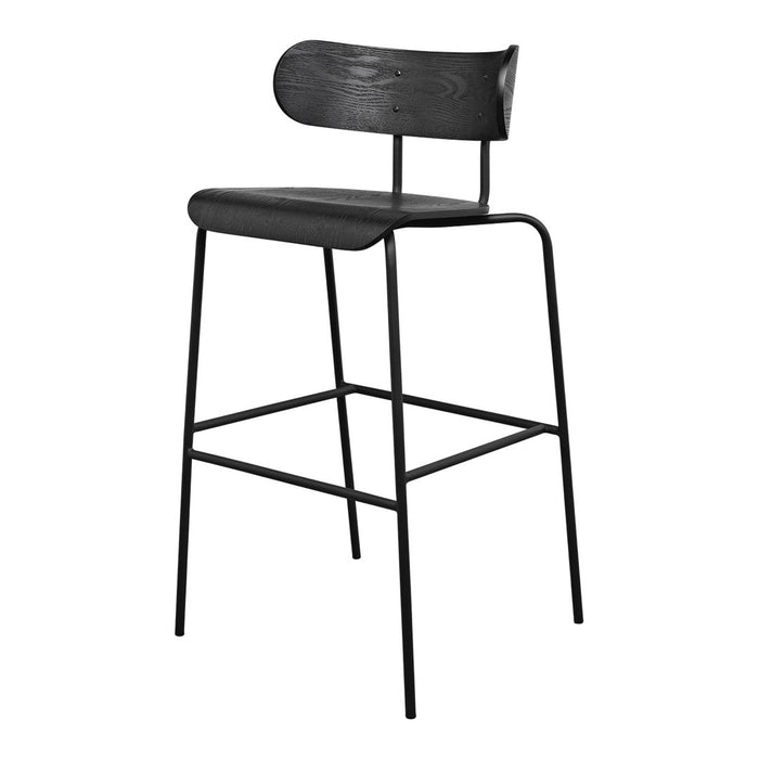 Black wooden bar stool with sleek metal legs, featuring a minimalist design and smooth finish.