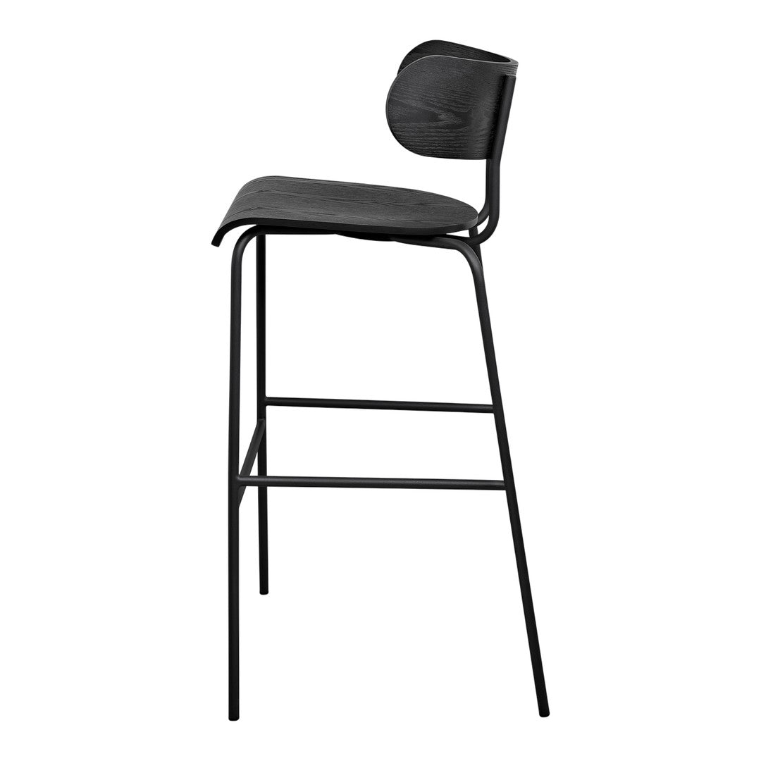 Black wooden bar stool with a sleek design and curved backrest, featuring a minimalist metal frame.