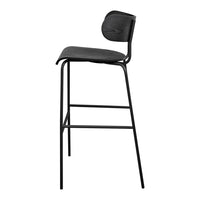 Black wooden bar stool with a sleek design and curved backrest, featuring a minimalist metal frame.