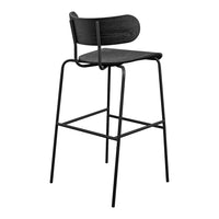 Sleek black wooden bar stool with a minimalist design and smooth, curved backrest. Modern and elegant decor accent.