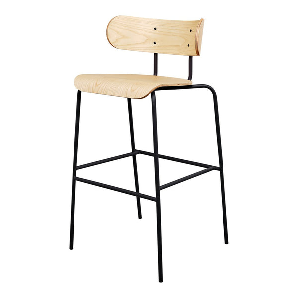 Natural wood seat with sleek black metal legs, showcasing a modern minimalist design. Perfect for contemporary spaces.