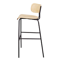Natural wood seat with sleek black metal frame; modern design featuring smooth lines and minimalistic style.