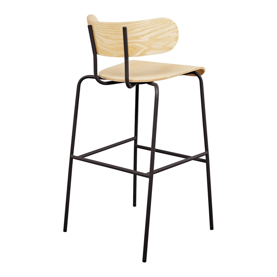 Wooden stool with a light natural finish and a sleek black metal frame, perfect for modern decor.