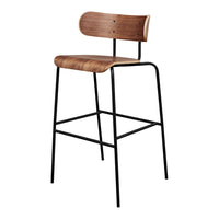 Wooden bar stool with warm walnut finish and sleek black metal legs, showcasing a modern minimalist design.