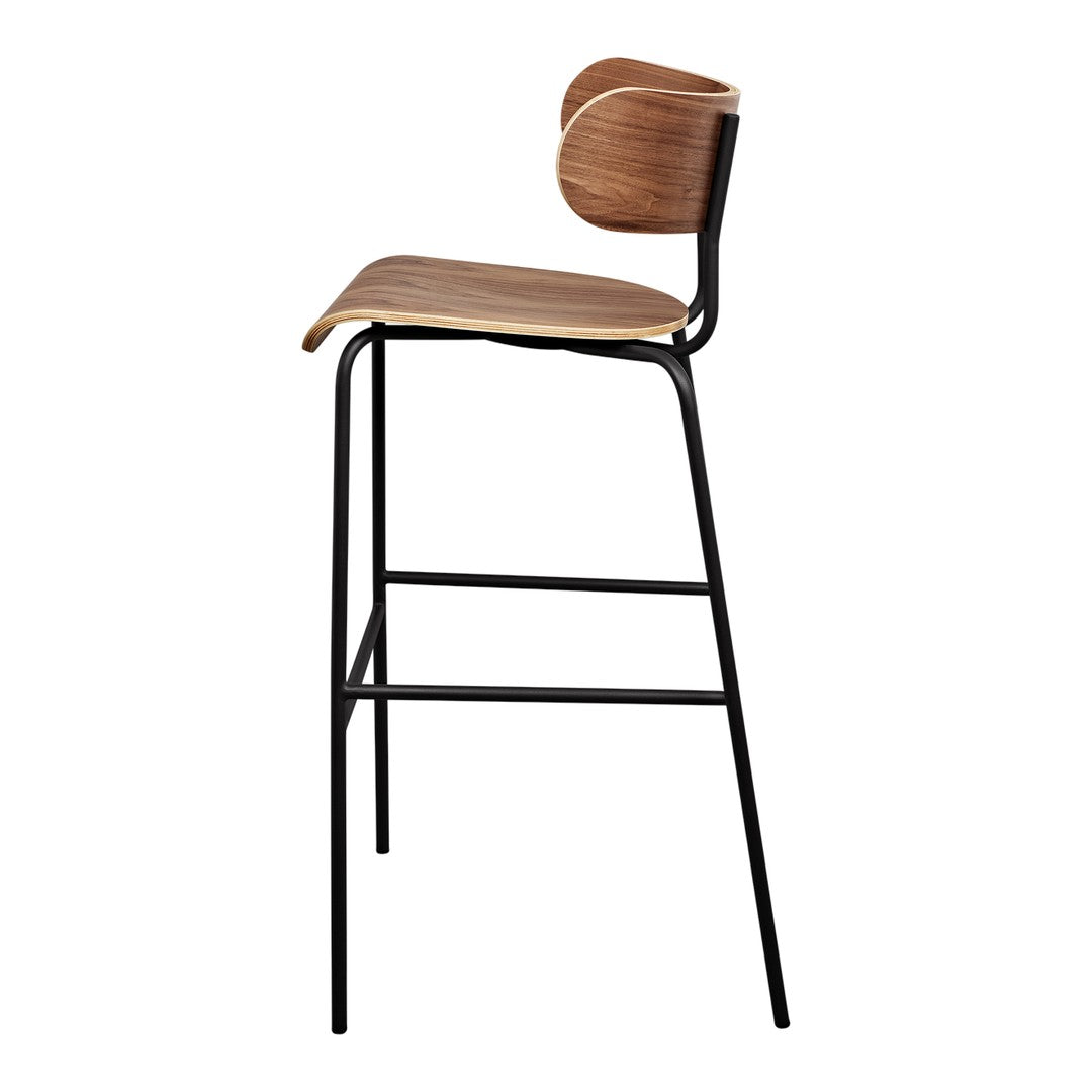 Bar stool featuring a warm wood seat with a light wood trim and a sleek black metal frame. Perfect for modern decor.