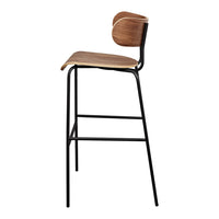 Bar stool featuring a warm wood seat with a light wood trim and a sleek black metal frame. Perfect for modern decor.