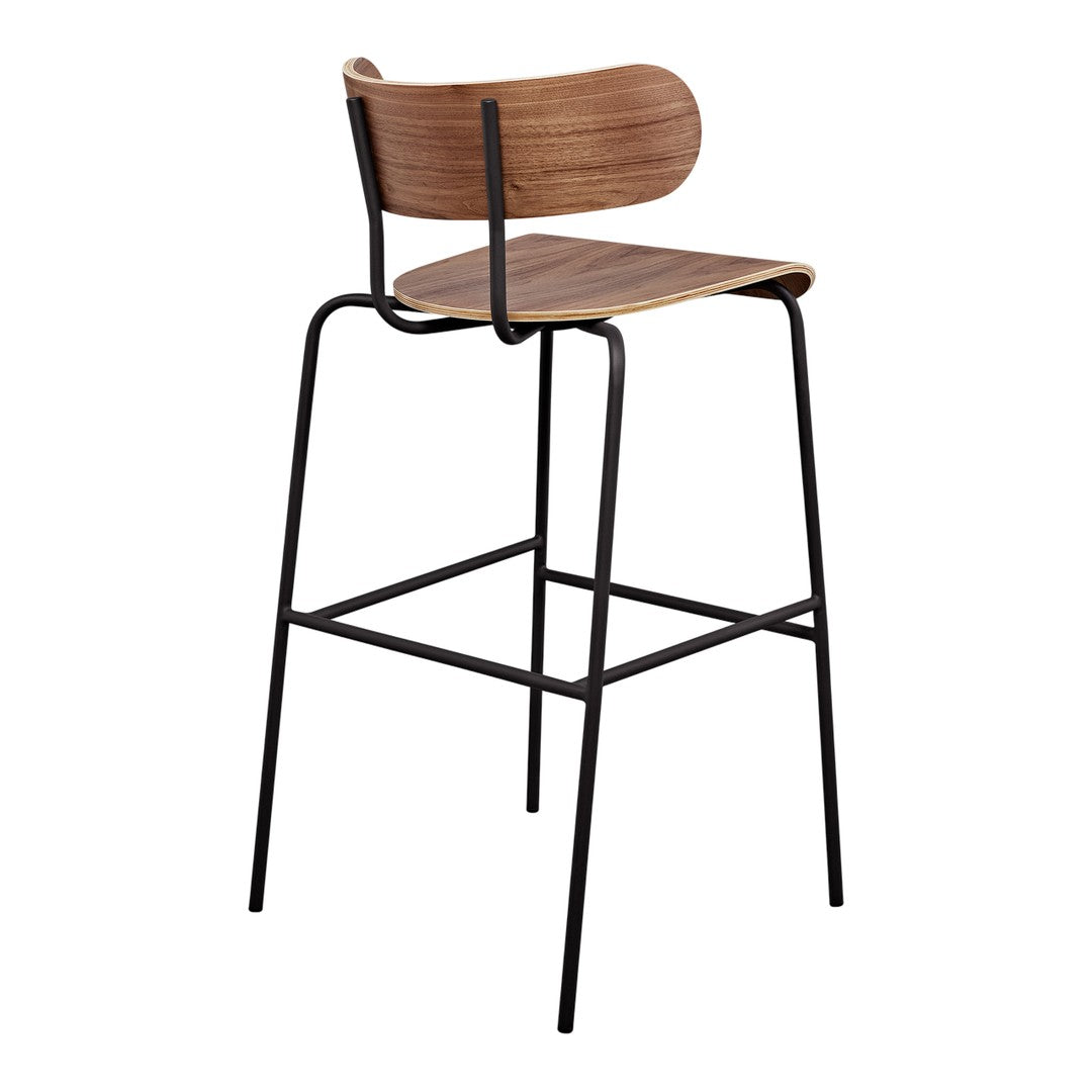 Wooden bar stool with a warm brown finish and sleek black metal legs, showcasing a modern design.