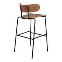Wooden bar stool with a warm brown finish and sleek black metal legs, showcasing a modern design.