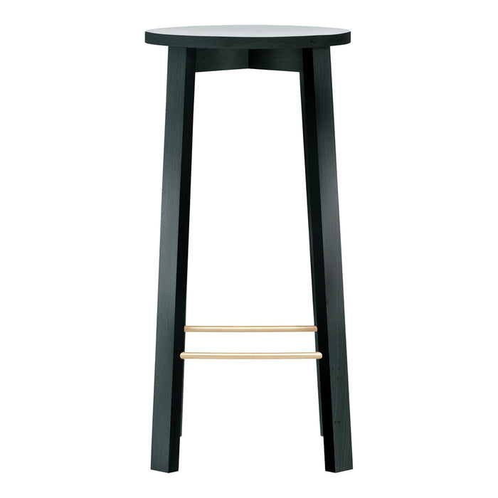 Black wooden bar stool with a smooth circular seat and natural wood footrest. Minimalist design features clean lines.