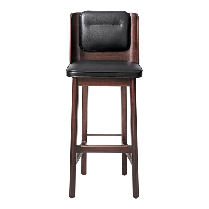 Black upholstered bar stool with a sleek wooden frame and minimalist design. Perfect for modern decor.