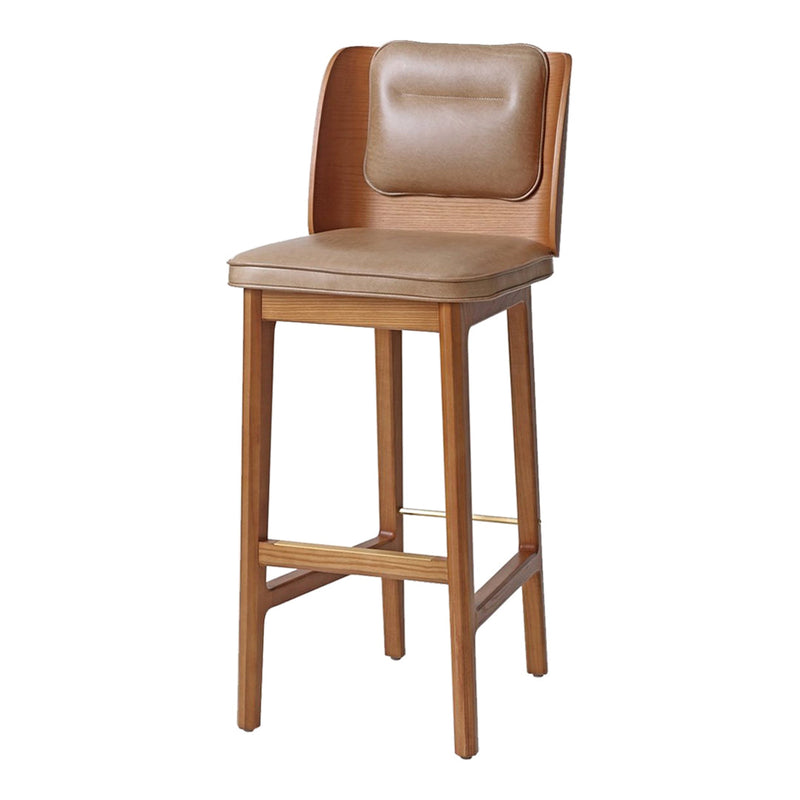 Tan leather bar stool with a wooden frame, featuring a smooth, minimalist design and subtle curved backrest.