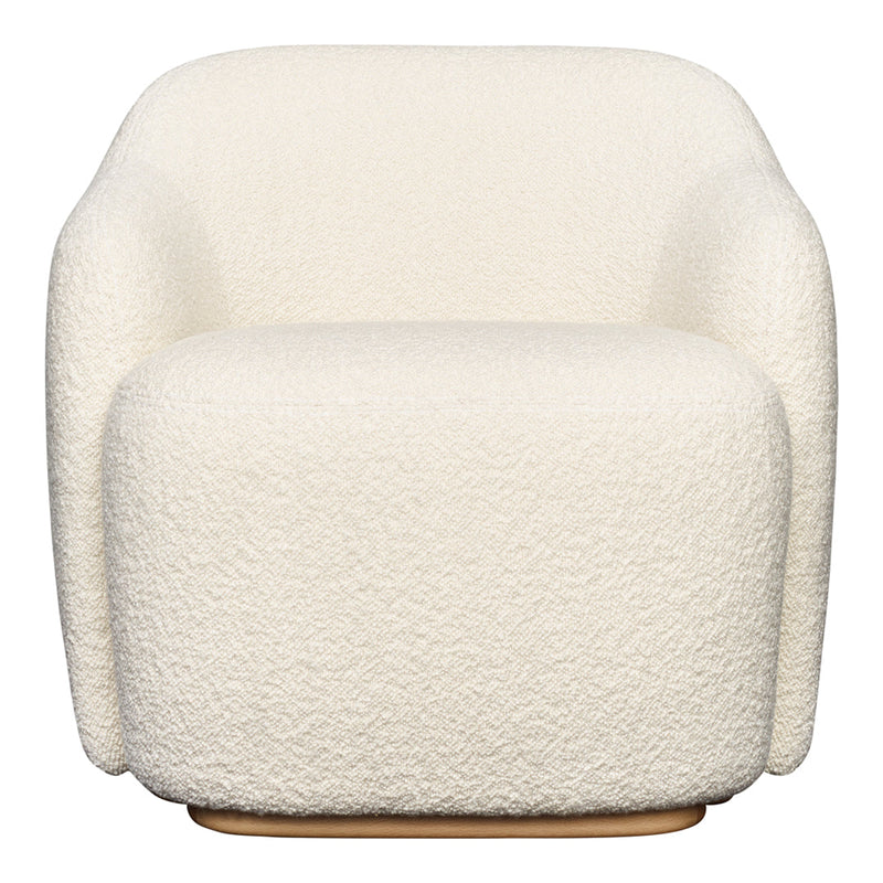 Cream-colored, textured boucle armchair with rounded shapes and a smooth wooden base. Ideal for modern interiors.