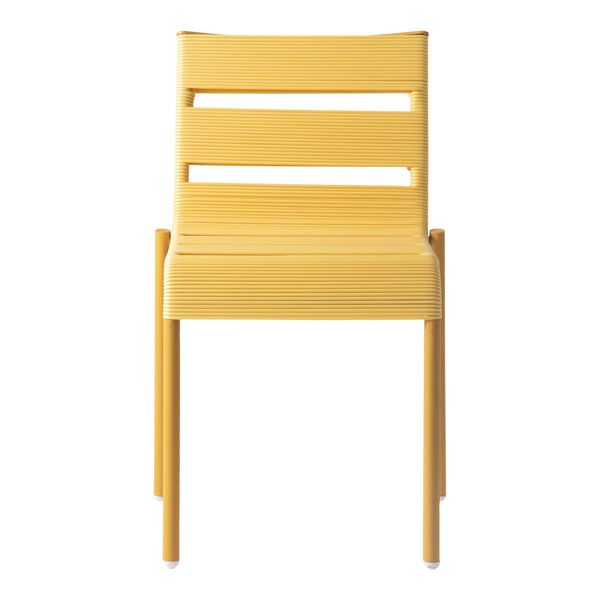 Bright yellow dining chair with sleek, modern design and horizontal slat patterns. Perfect for contemporary spaces.