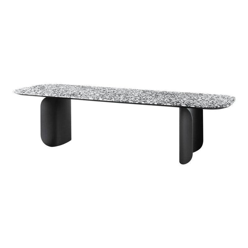 Stylish black table with a textured gray speckled top, smooth edges, and bold, modern black legs.