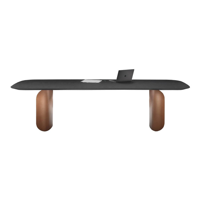 Modern black tabletop with sleek curved wooden legs in warm brown tones. Elegant minimalist design for contemporary spaces.