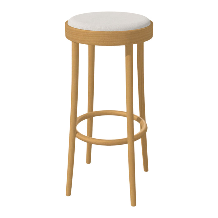 Tall wooden bar stool with a light natural finish and a soft white padded seat. Simple and modern design.