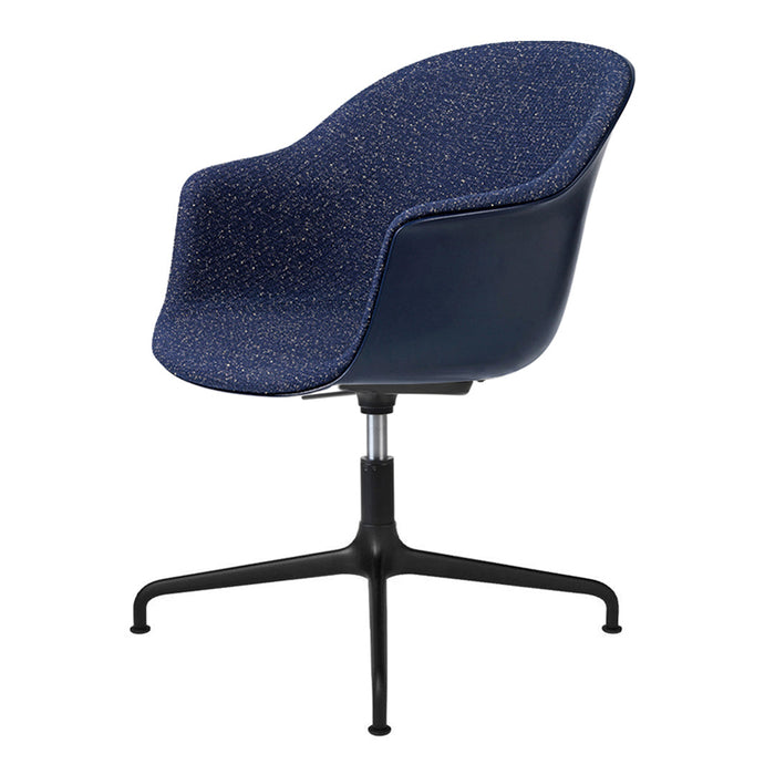 Navy blue upholstered chair with a speckled pattern and sleek black metal legs. Modern design for any space.
