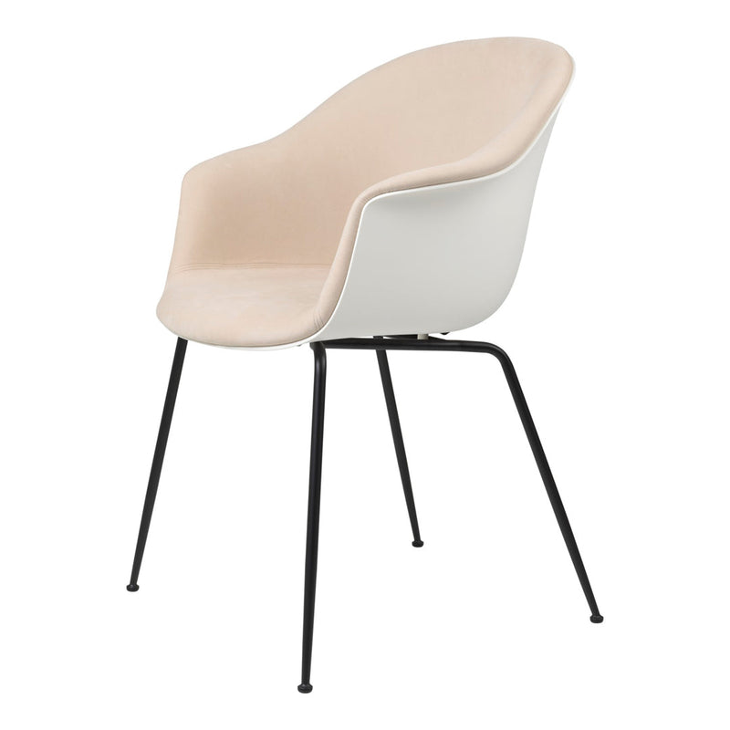 Stylish beige and white chair with sleek black legs; smooth, modern design for any decor.