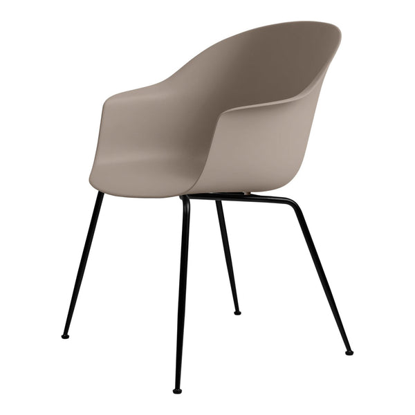 Beige molded chair with smooth curves and black metal legs for a modern look. Ideal for stylish seating solutions.