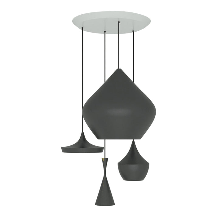 Modern pendant light in various black shades with sleek, matte finishes and gold accents. Elegant geometric design.