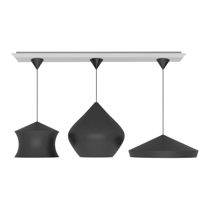 Three modern black pendant lights with varied geometric shapes, suspended from a sleek white ceiling plate.