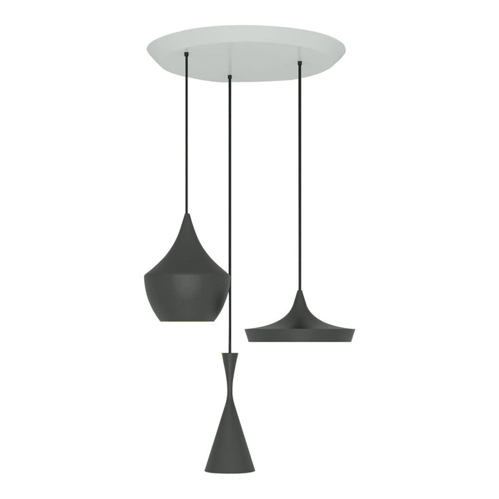 Three modern pendant lights in matte black with a sleek white ceiling mount. Stylish shapes and contemporary design.