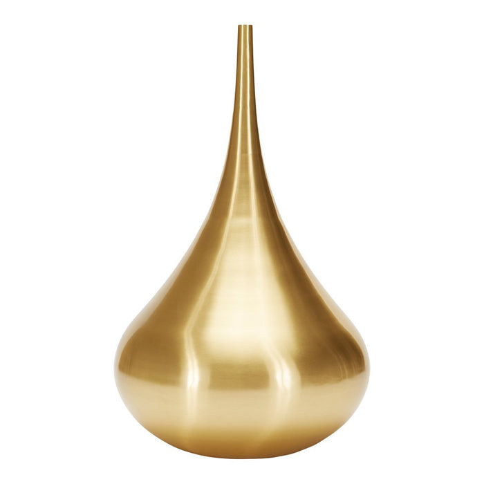 Gold teardrop vase with a sleek, shiny finish and smooth, curved silhouette. Perfect for modern decor accents.
