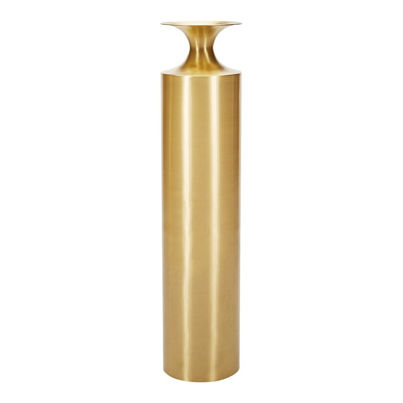 Sleek, tall metallic vase in a rich, polished gold finish, featuring a simple yet elegant shape.
