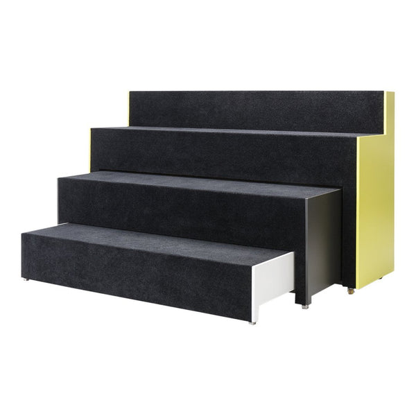 "Modern storage unit in black, gray, and yellow with sleek, minimalist design and layered geometric patterns."
