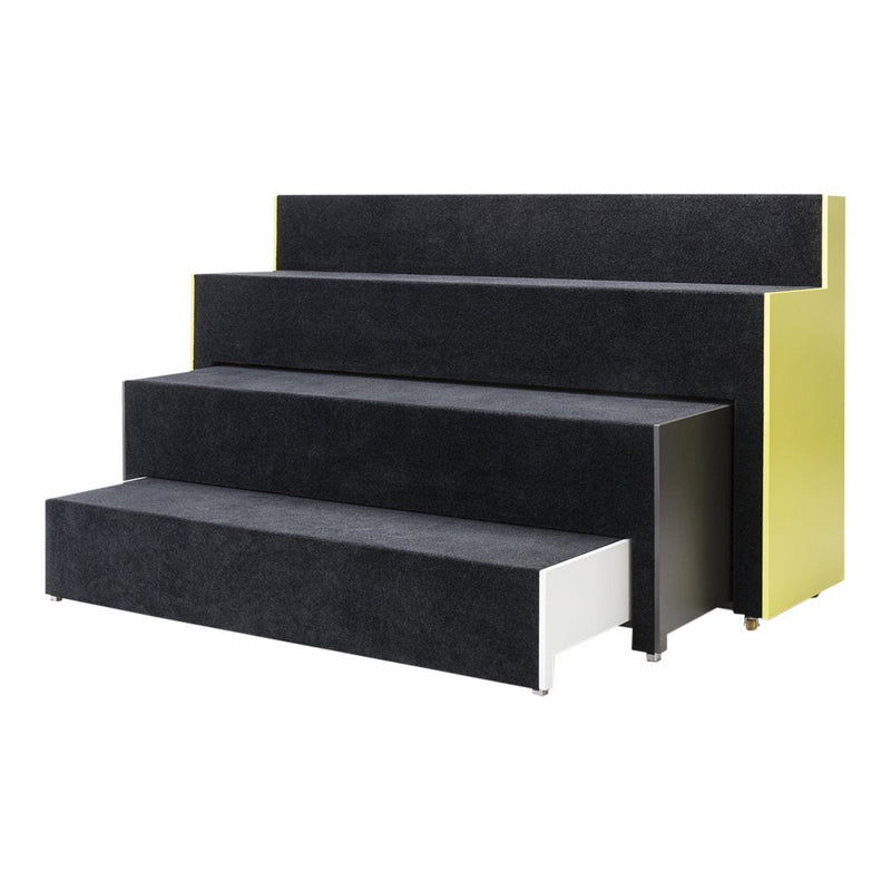 "Modern storage unit in black, gray, and yellow with sleek, minimalist design and layered geometric patterns."
